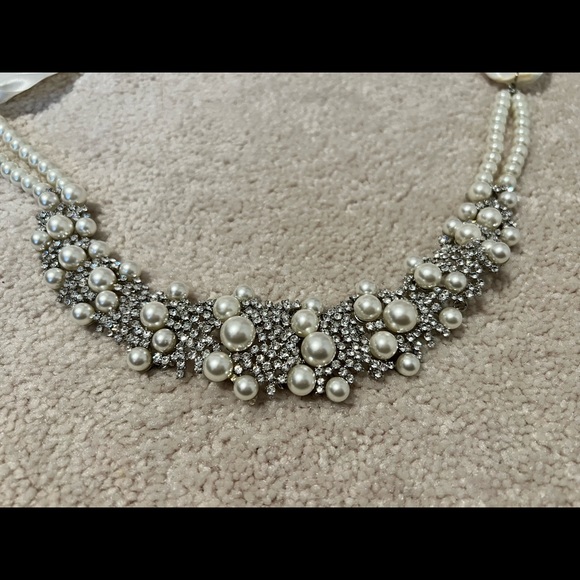 Pearl & crystal rhinestone necklace w/ adjustable / replaceable ribbon wedding - Picture 3 of 7